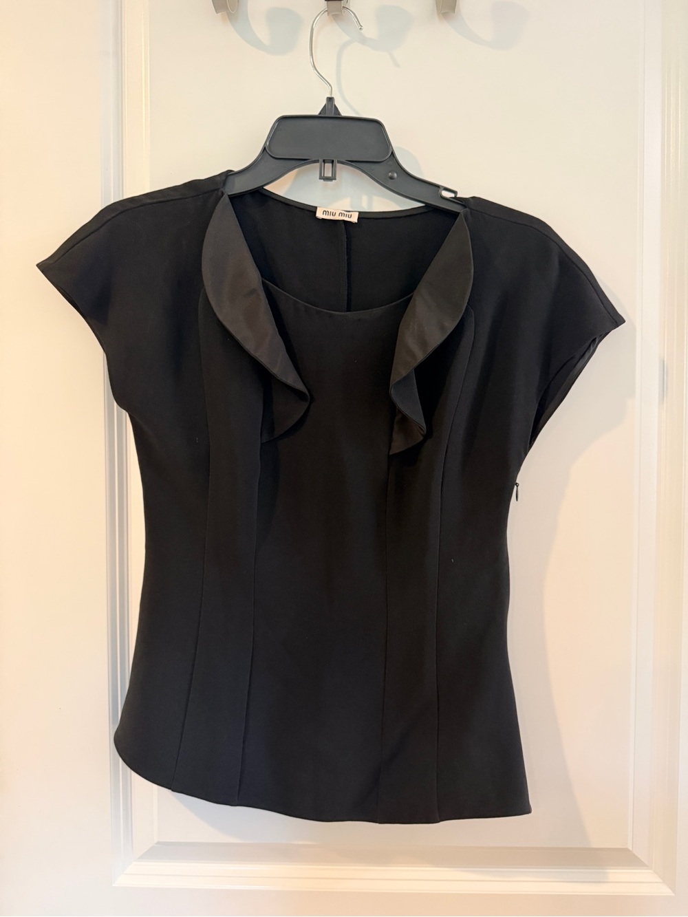 Miu Miu Black Short Sleeve Ruffle-Neck Blouse
